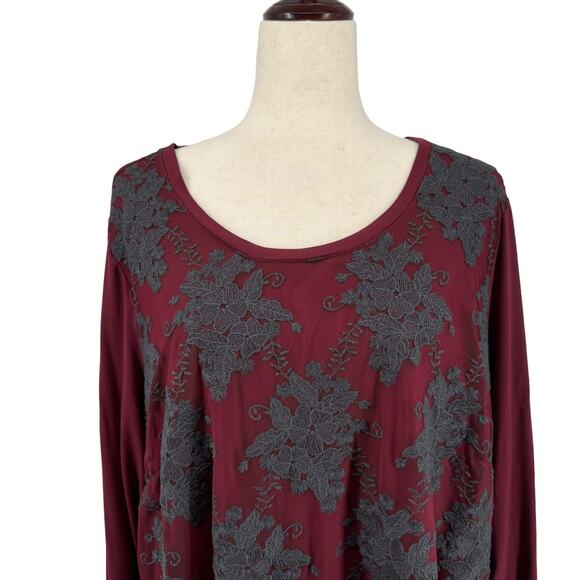 LOGO Lavish Lace Overlay Scoop Neck Top Tunic 2X Maroon A345571 Lori Goldstein - Picture 7 of 15